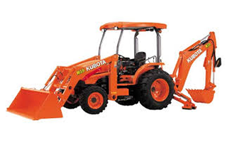 An orange Kubota loader backhoe